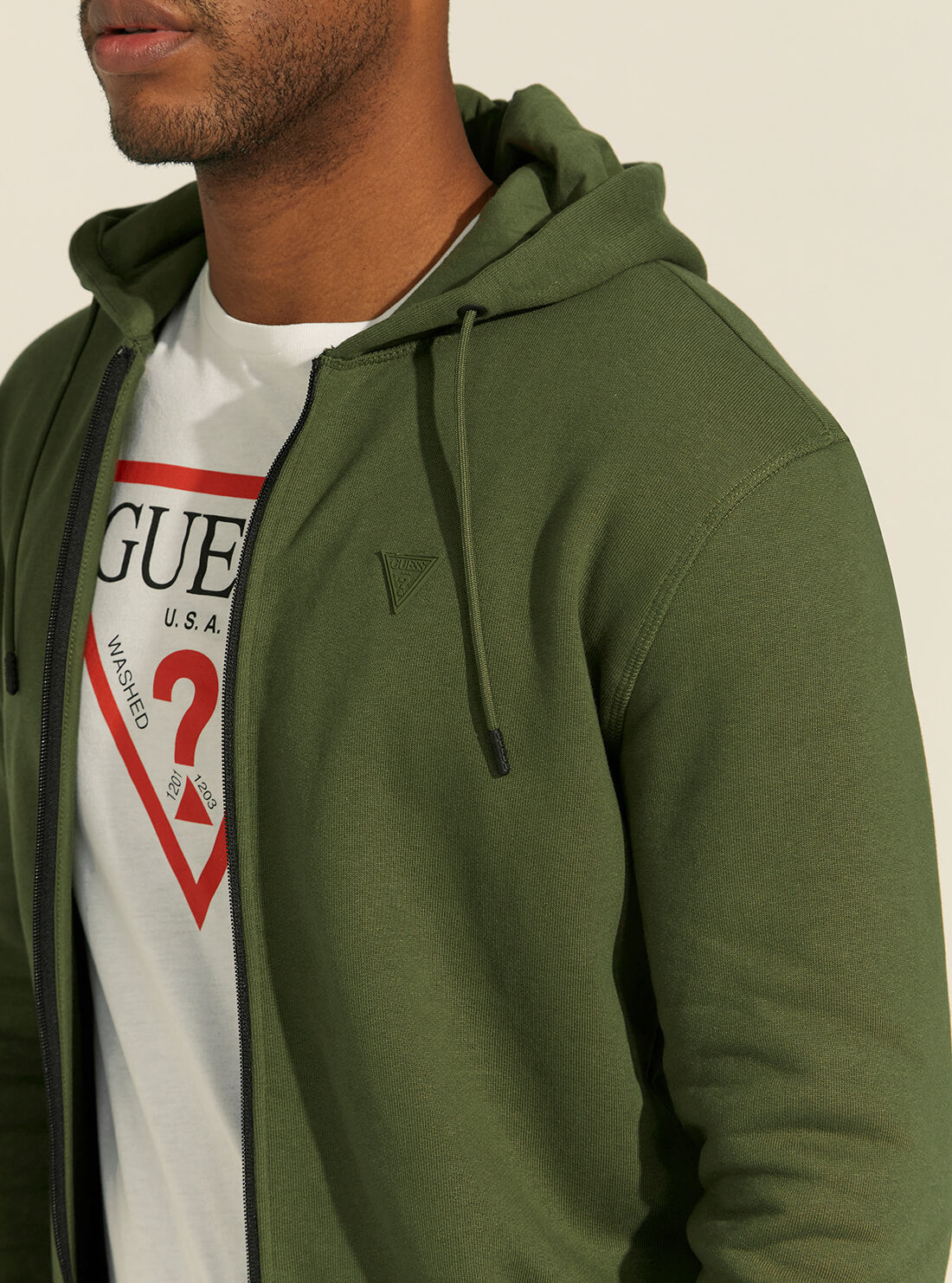 GUESS Mens Eco Olive Green  Aldwin Zip-Up Jacket U1YA03K9V31 Detail View