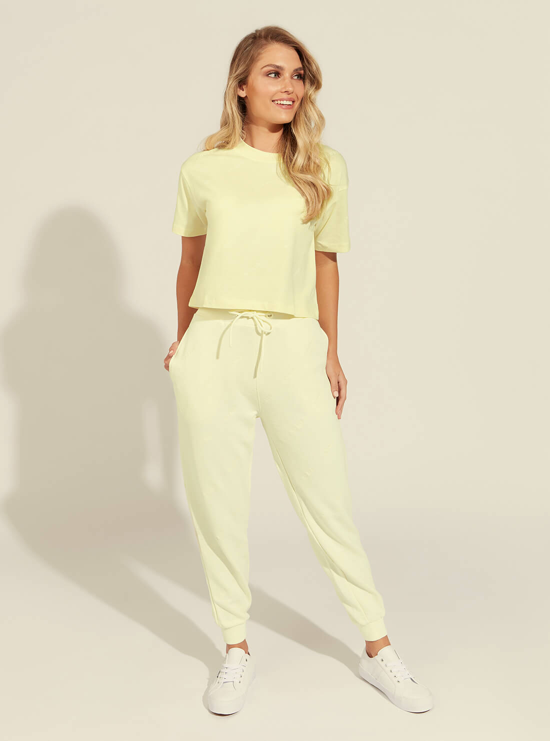 GUESS Womens  Eco Yellow Astra Active Cropped T-Shirt O1GA10I3Z11 Model Full View
