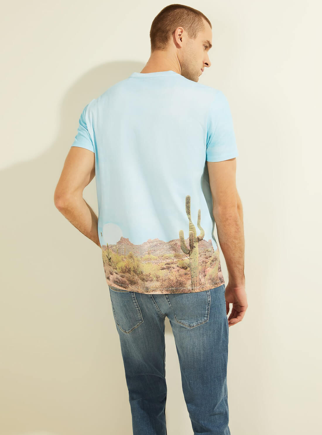 GUESS Mens Eco Blue Cactus Print T-Shirt MBGI31R9RM5 Back View