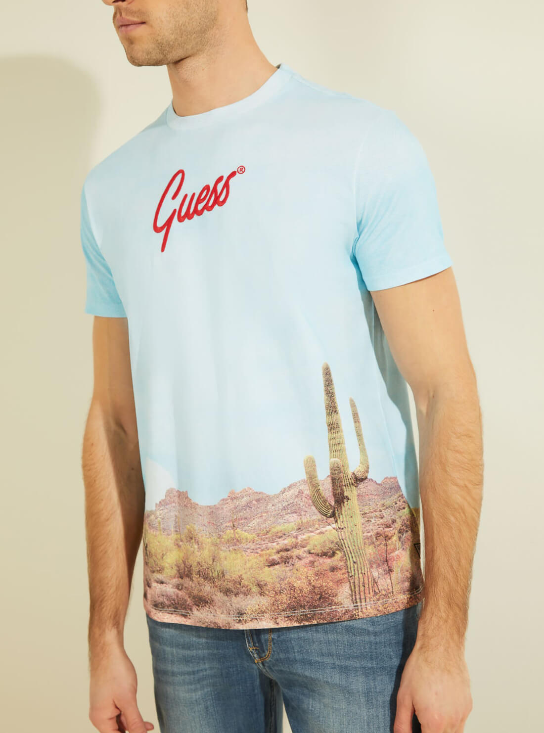 GUESS Mens Eco Blue Cactus Print T-Shirt MBGI31R9RM5 Detail  View