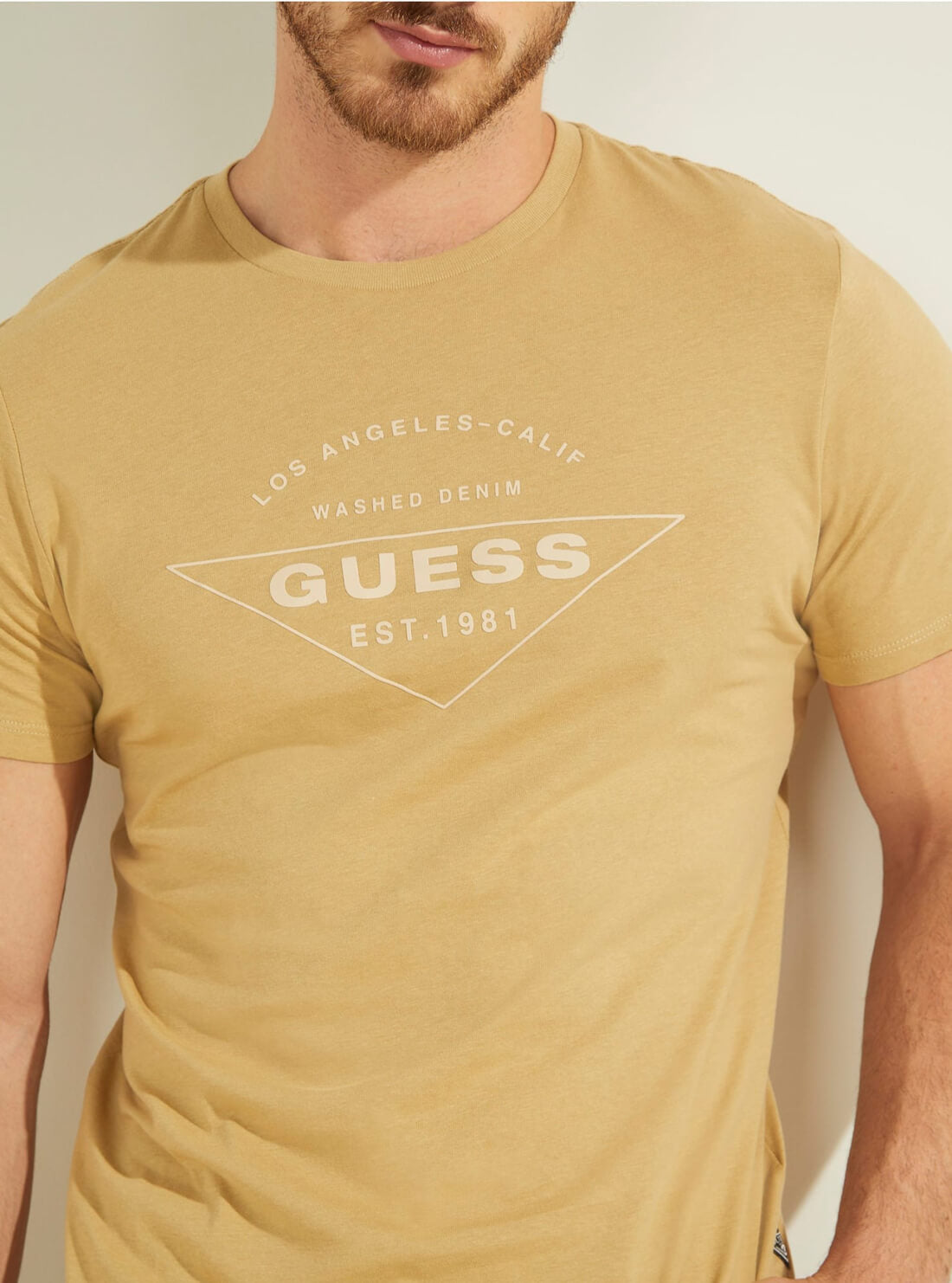 GUESS Mens Eco Mustard Yellow Calif Logo T-Shirt MBYI05R9RMD Detail View