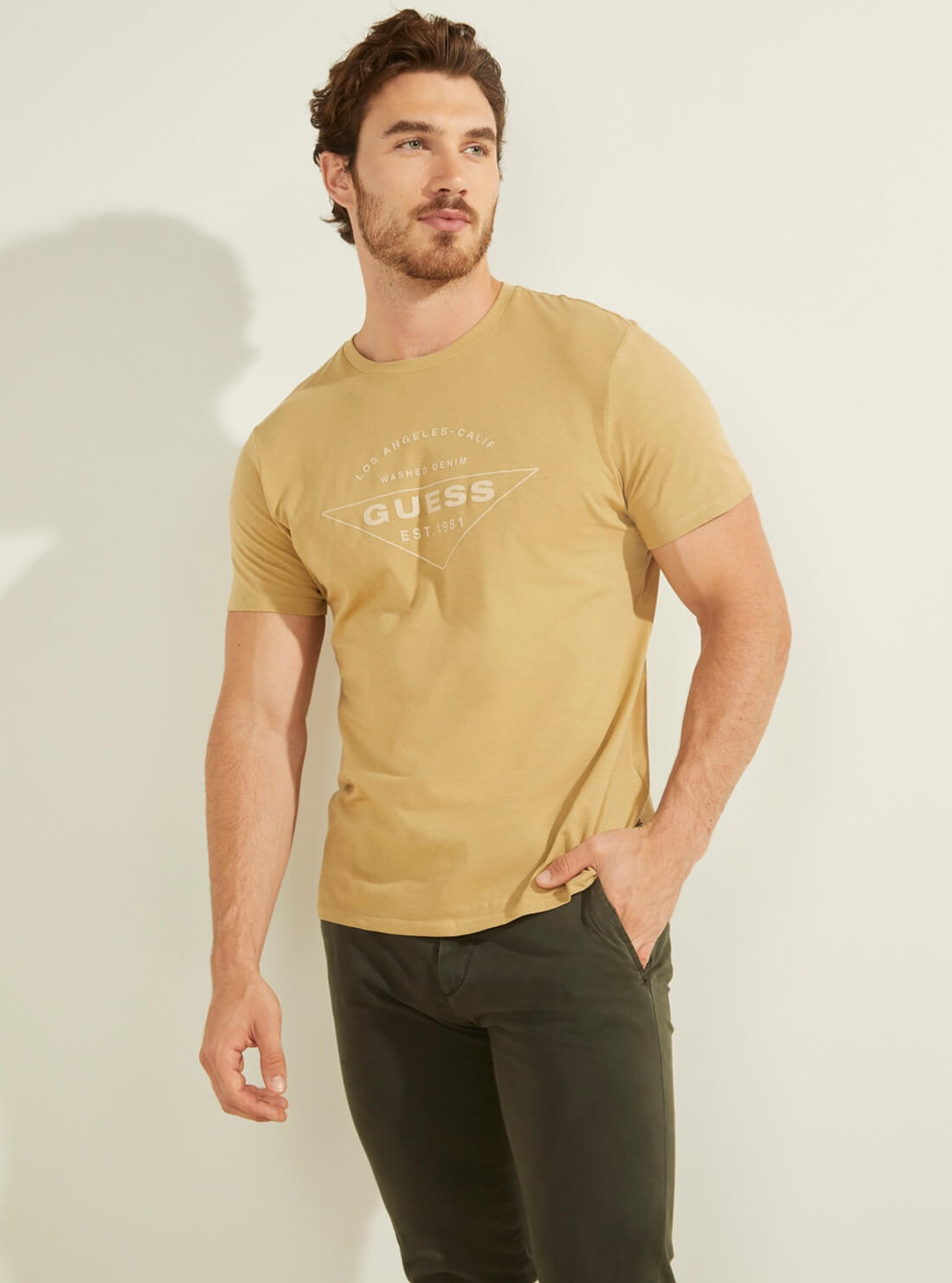 GUESS Mens Eco Mustard Yellow Calif Logo T-Shirt MBYI05R9RMD Front View