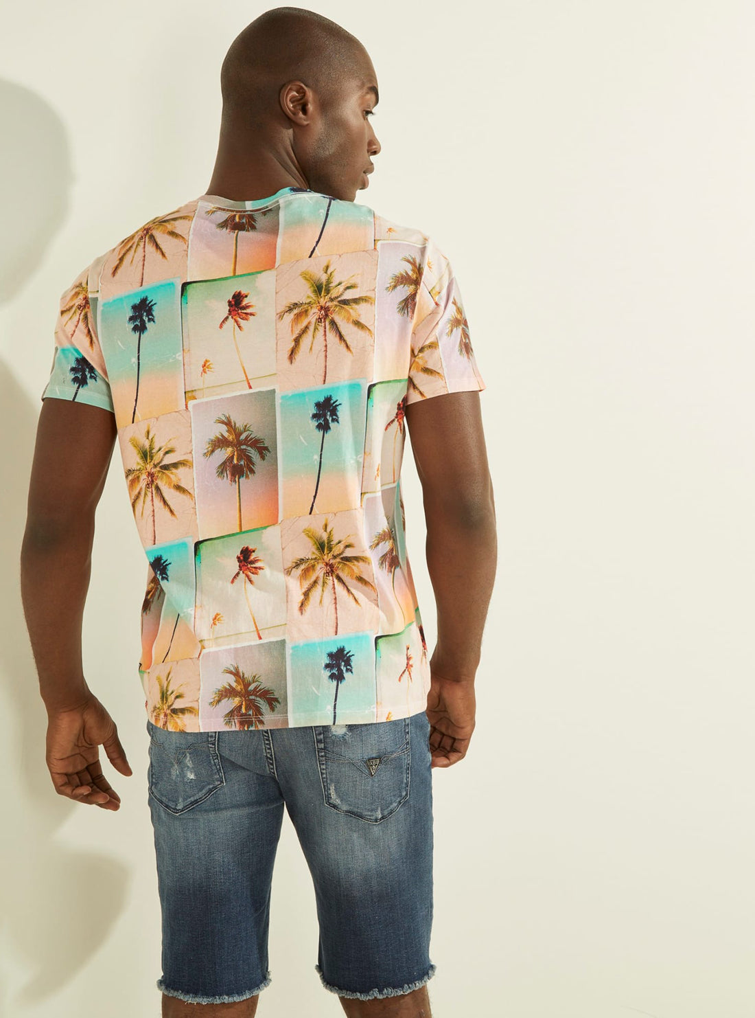GUESS Mens Eco Peach Multi Faded Palms T-Shirt MBYP63R8HA2 Back View