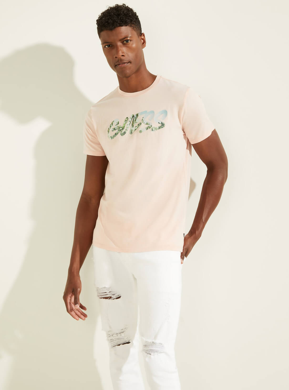  GUESS Mens Eco Pink Graffiti Logo T-Shirt MBYI05R9RMC Model Front View
