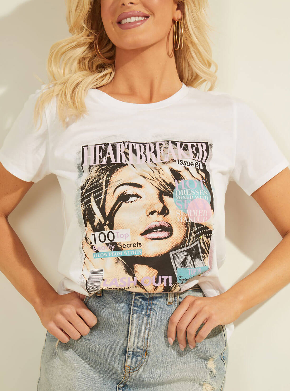 GUESS Womens Eco White Graphic Print Heartbreaker T-Shirt W1YI56R9RV1 Detail View