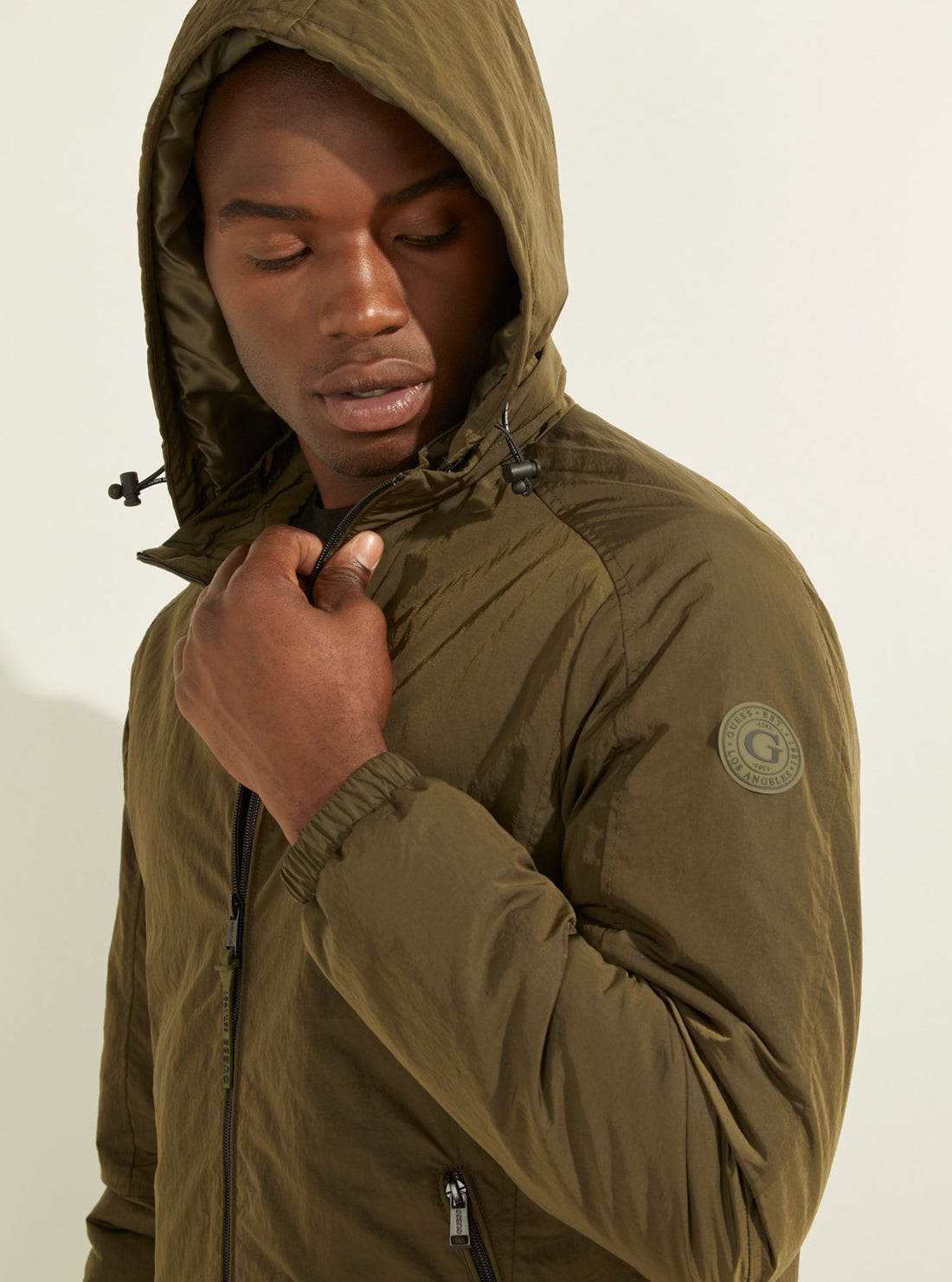 GUESS Mens Eco Khaki Green Hoodie Windbreaker Jacket M1YL48WDZK2 Hood View