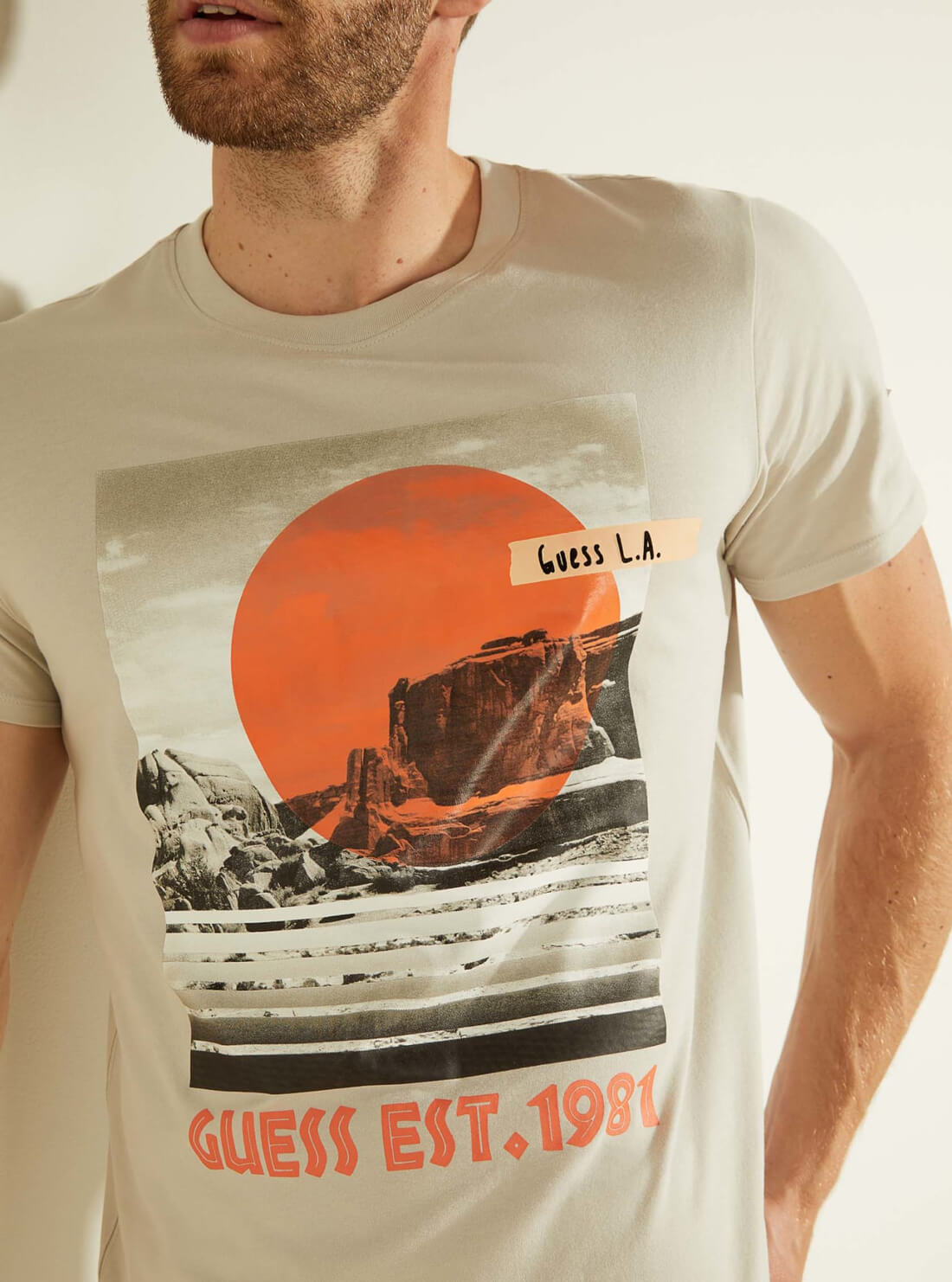 GUESS Mens Grey Eco Landscape Art T-Shirt M1GI54I3Z11 Model Detail View