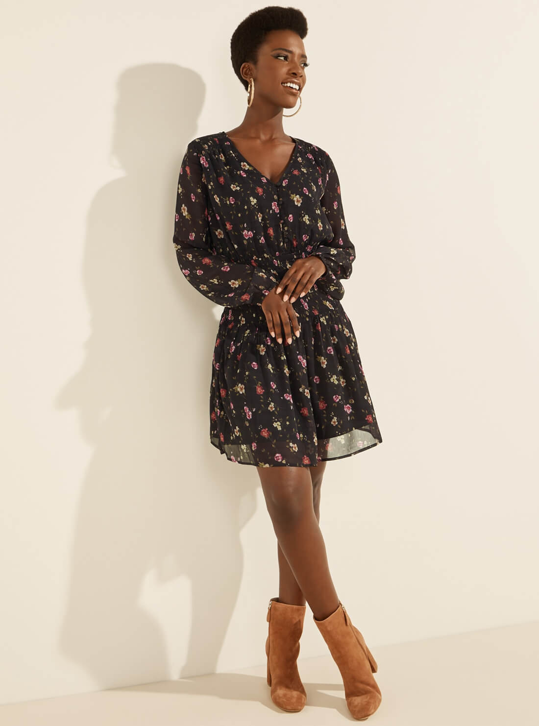 GUESS Womens Eco Black Floral Laureen Mini Dress W1BK50WDW52 Full View