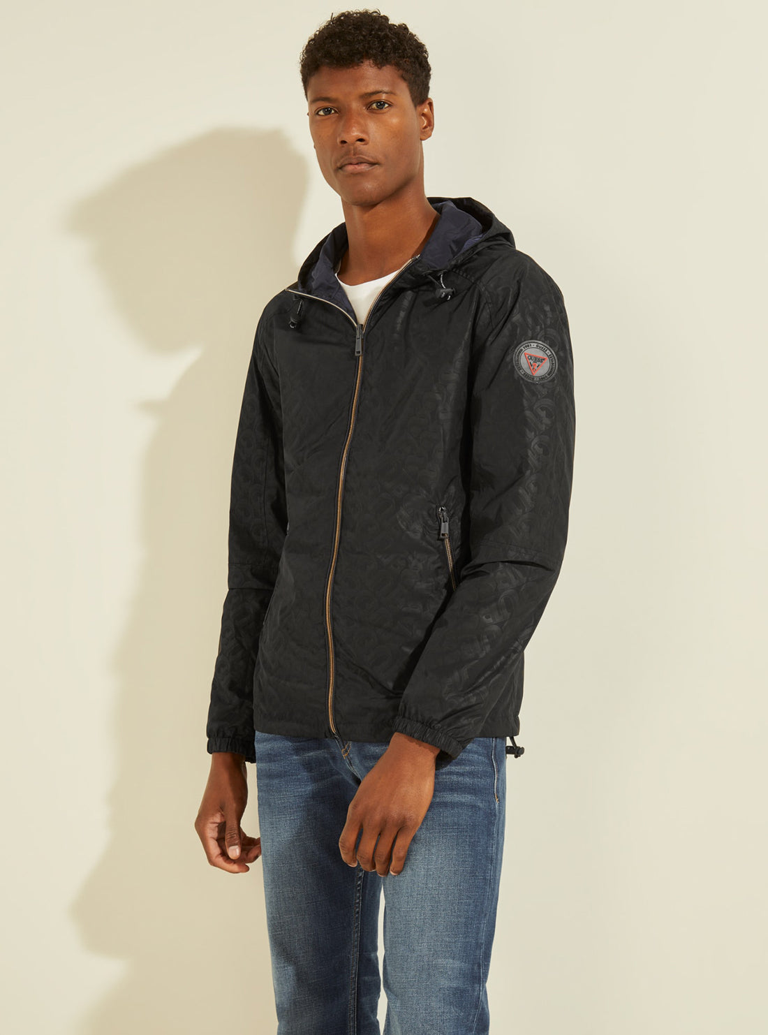 GUESS Mens Eco Black Logo Reversible Hoodie Jacket M1GL48WDU52 Reversed Front View