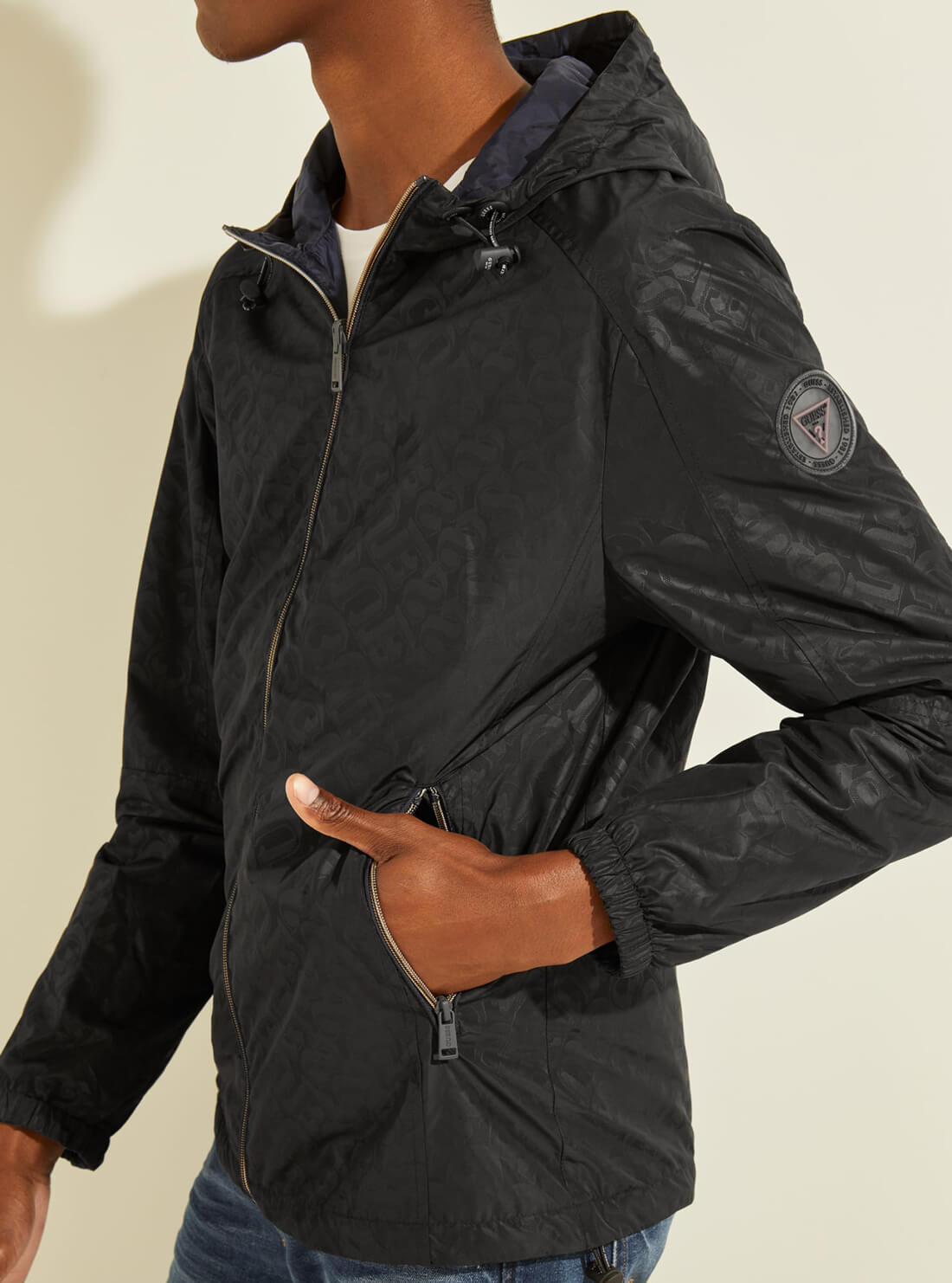 GUESS Mens Eco Black Logo Reversible Hoodie Jacket M1GL48WDU52 Reversed Detail View