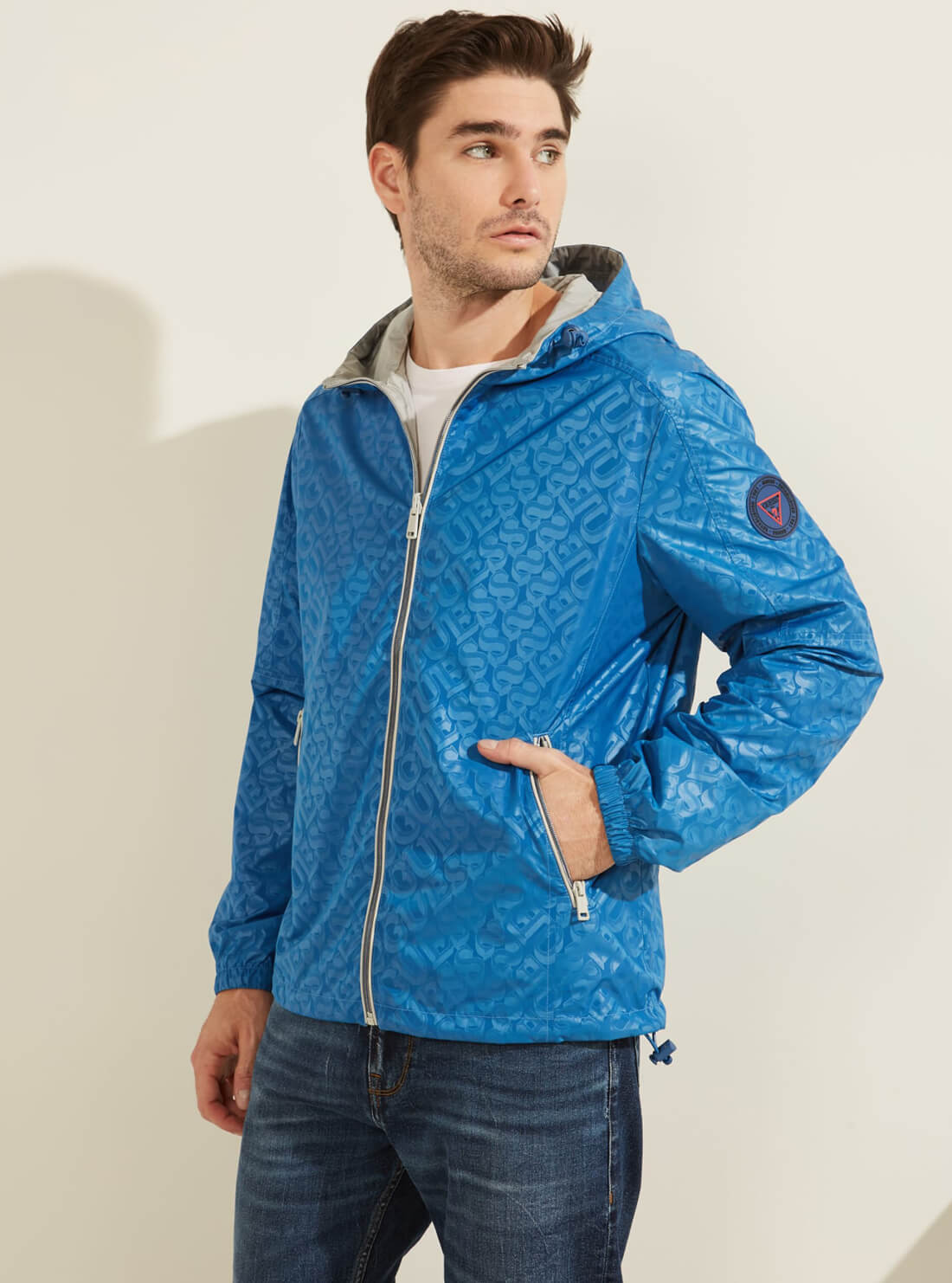 GUESS Mens Eco Blue Logo Reversible Hoodie Jacket M1GL48WDU52 Front Reversed View