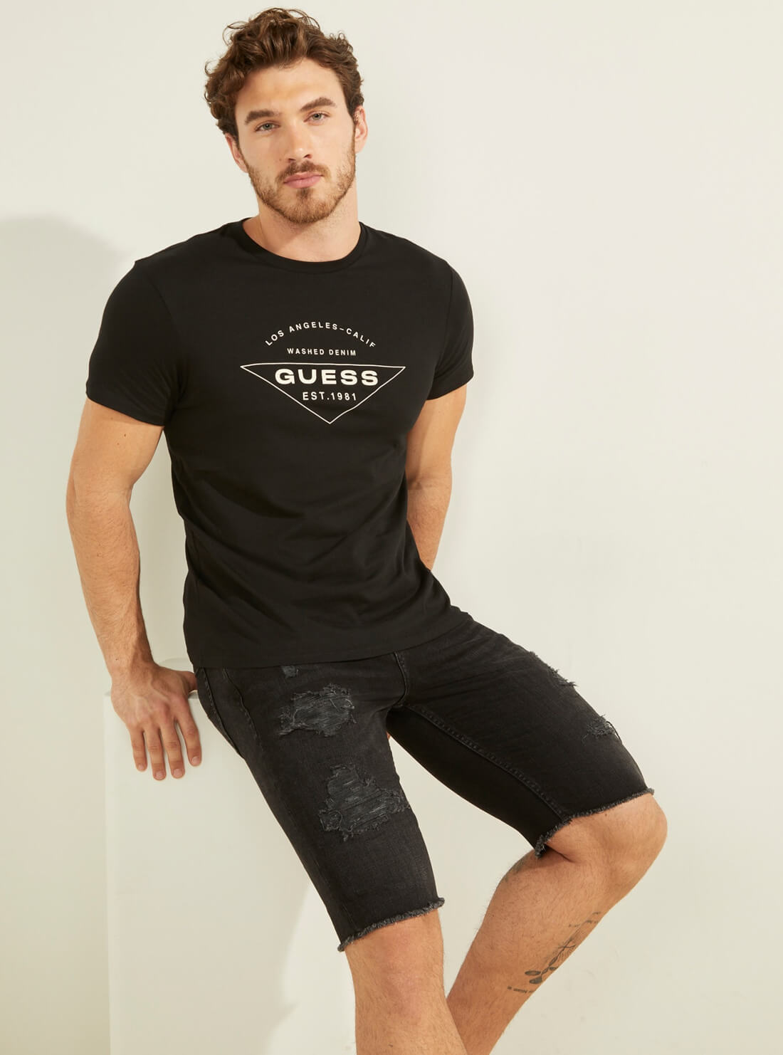 GUESS Mens Eco Black Calif Logo T-Shirt MBYI05R9RMD Front View