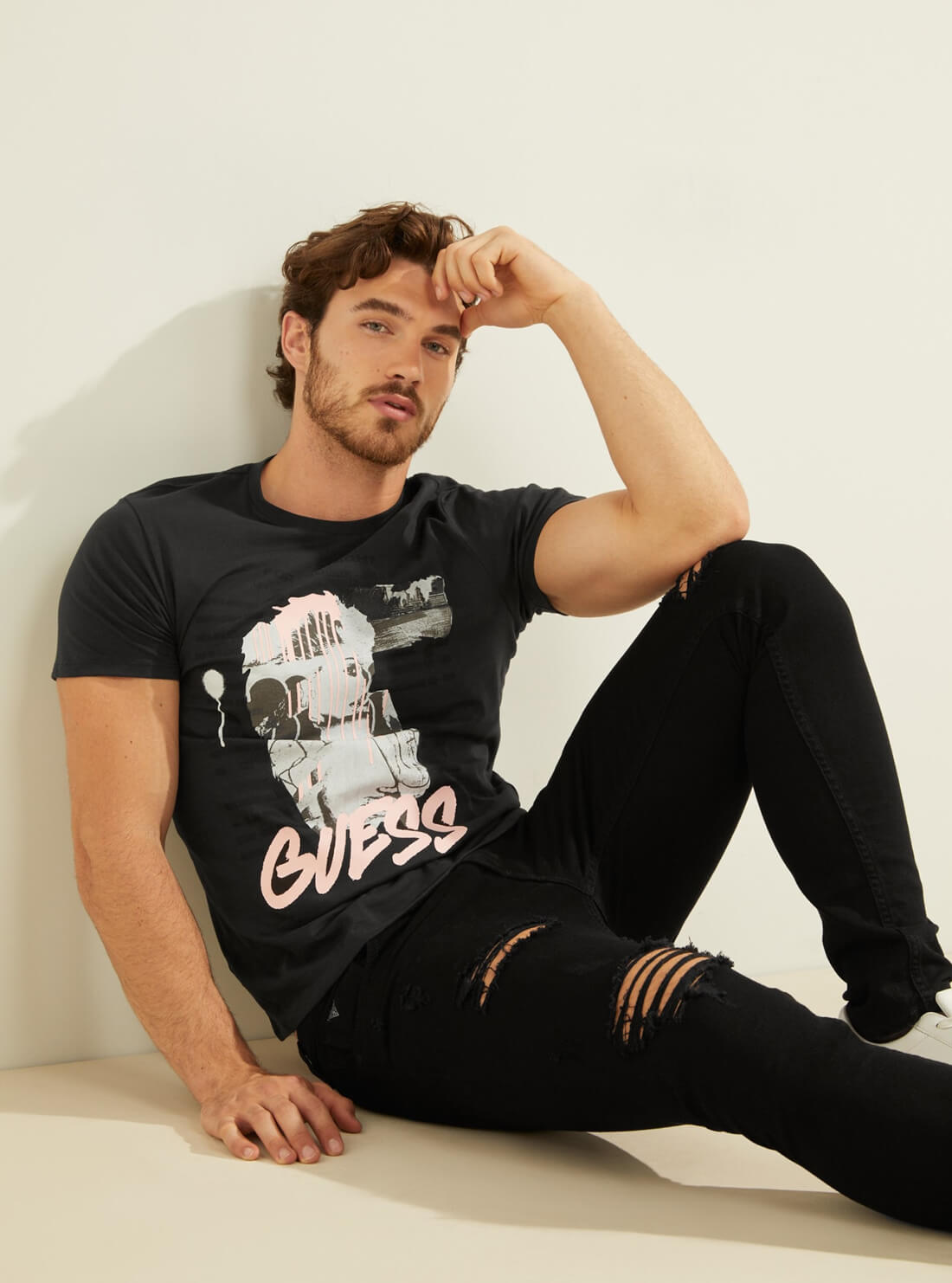 GUESS Mens Eco Black Night Graffiti T-Shirt MBYP63RARC3 Front Model  View