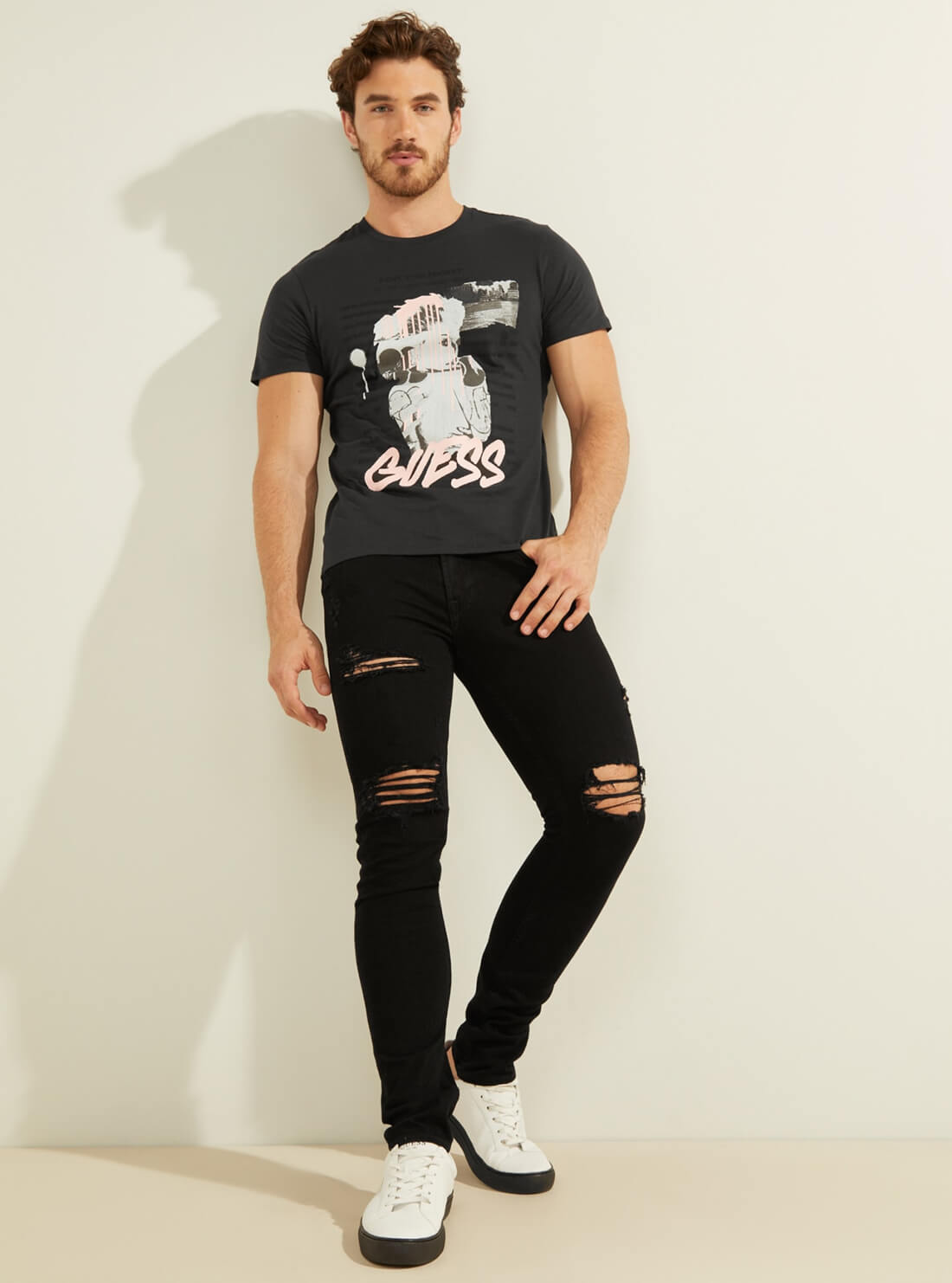 GUESS Mens Eco Black Night Graffiti T-Shirt MBYP63RARC3 Full View