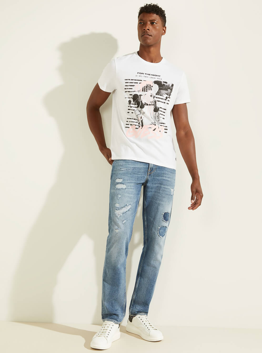 GUESS Mens Eco White Night Graffiti T-Shirt MBYP63RARC3 Full View