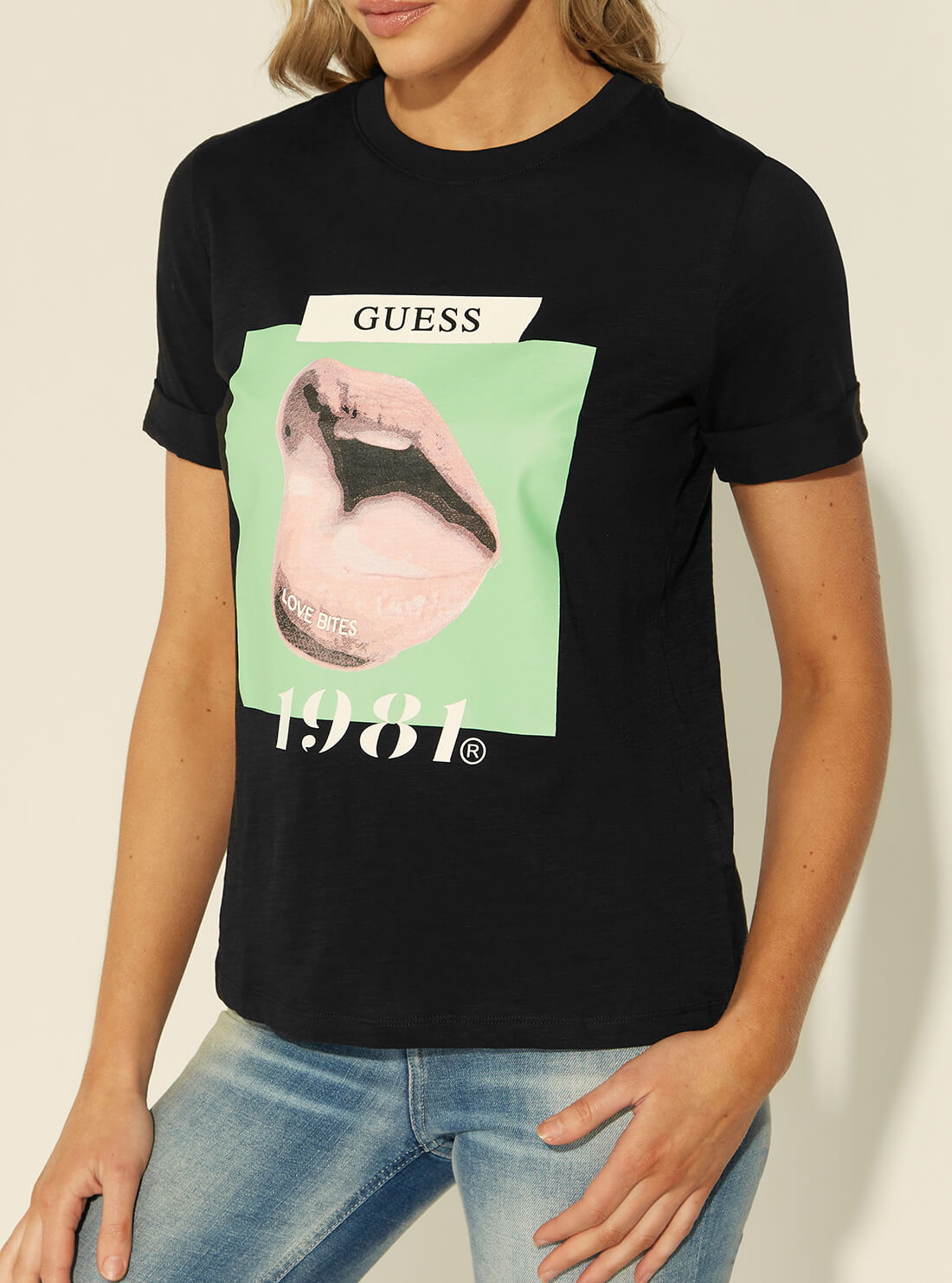 GUESS Womens Eco Black Graphic Print Odette Graphic T-Shirt W1YI0TR8G00 Detail View