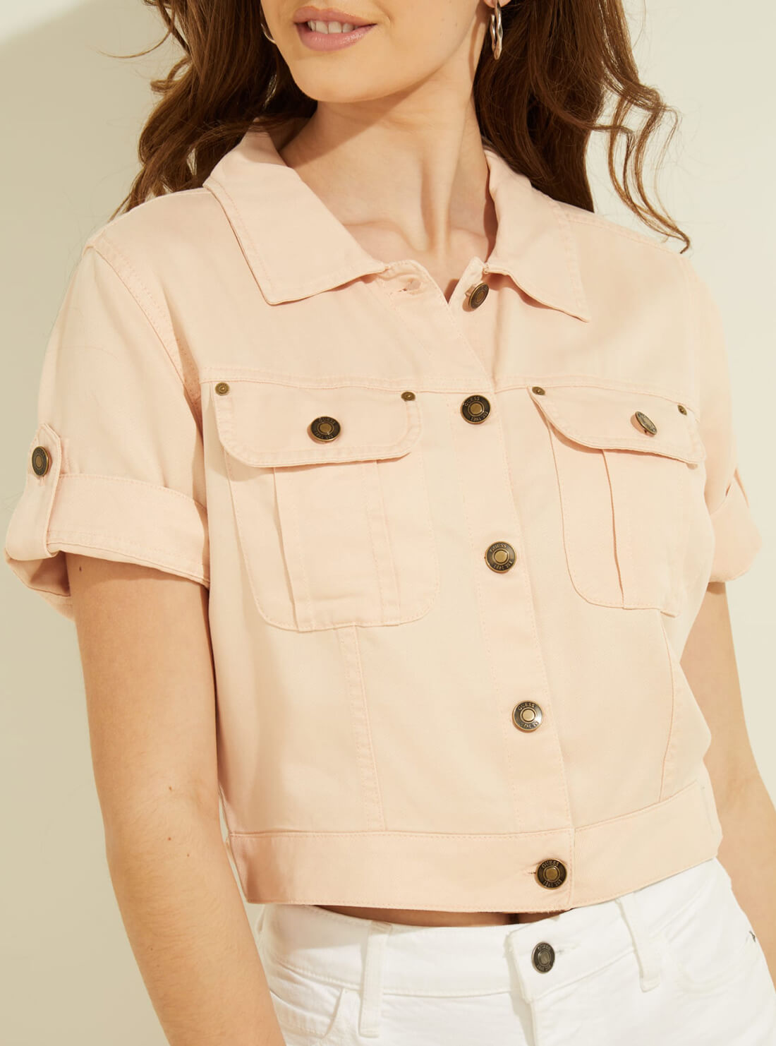 GUESS Womens Eco Pink Iris Cropped Jacket  W1YN05R3DN1 Detail View