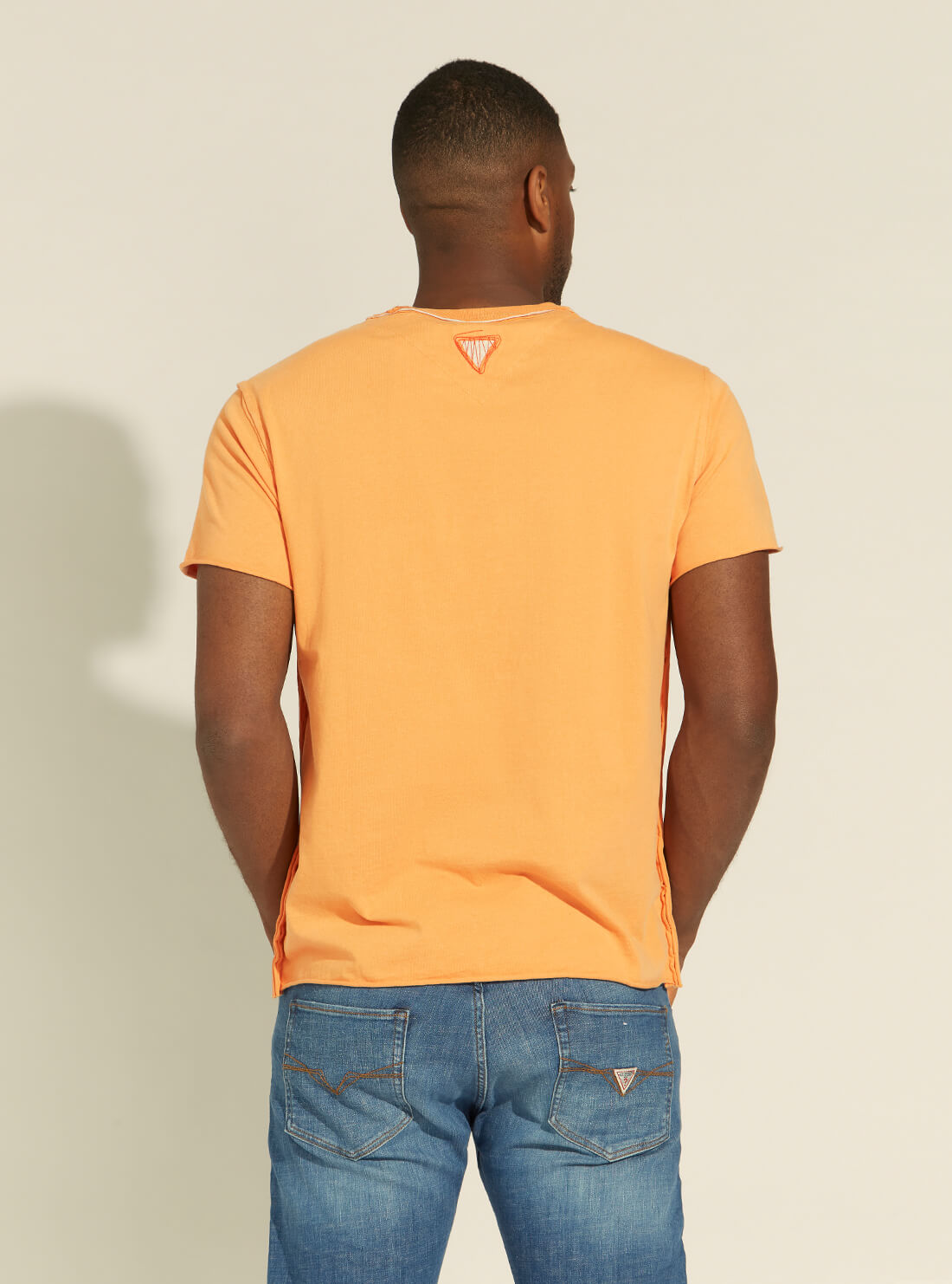 GUESS Mens Eco Apricot Orange Raw Patchwork Logo T-Shirt M1YI57K8FQ1 Back View