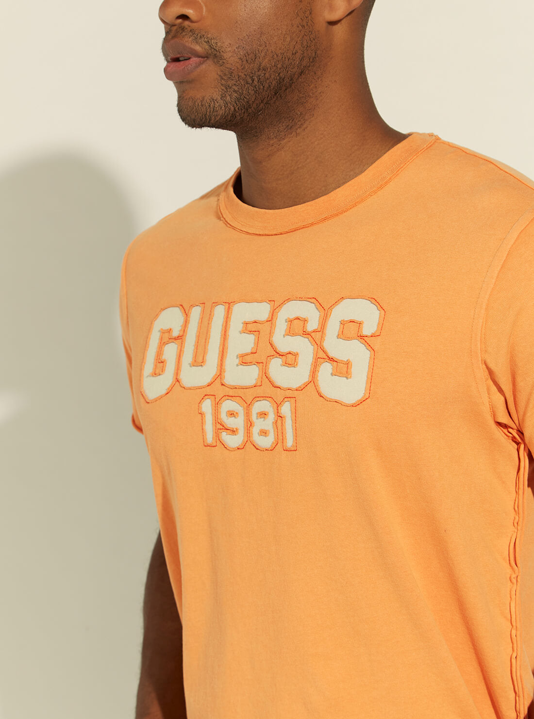 GUESS Mens Eco Apricot Orange Raw Patchwork Logo T-Shirt M1YI57K8FQ1 Detail View