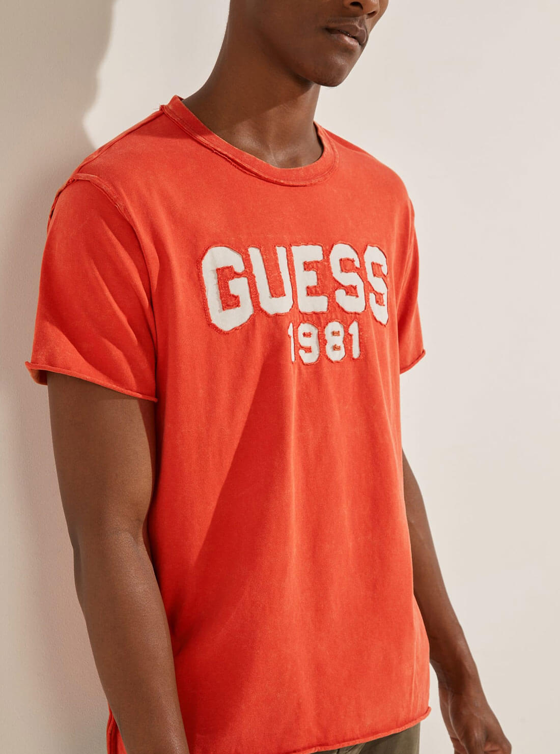 guess Eco Raw Patchwork Logo orange mens T-Shirt detail view