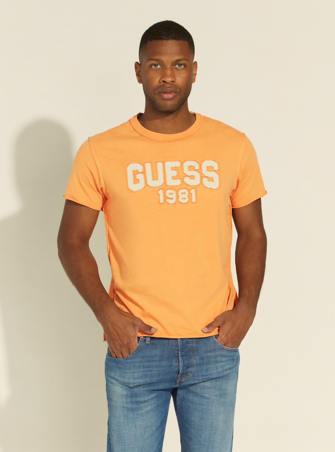 GUESS Mens Eco Apricot Orange Raw Patchwork Logo T-Shirt M1YI57K8FQ1 Front View