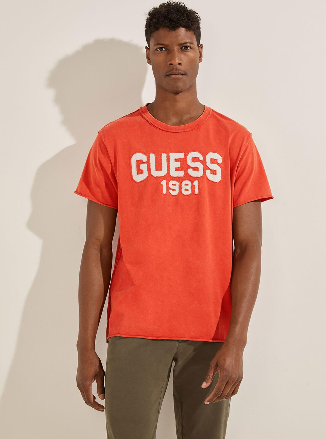 guess Eco Raw Patchwork Logo orange mens T-Shirt front view