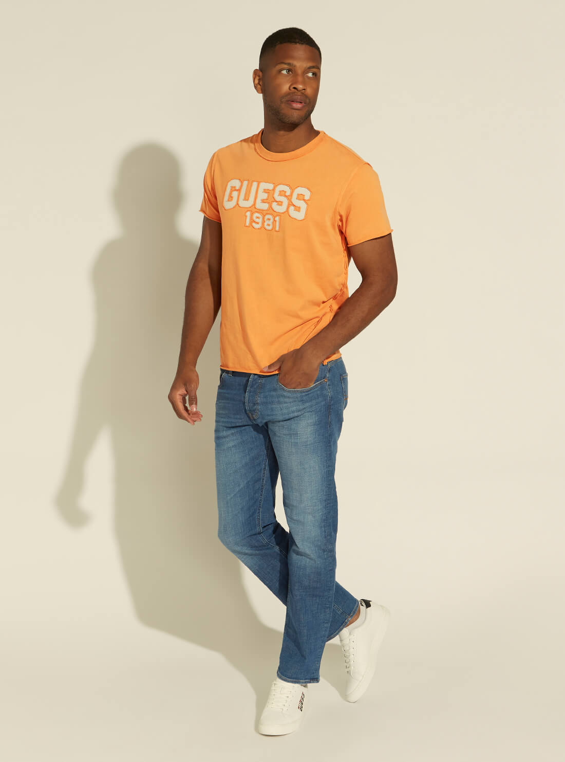 GUESS Mens Eco Apricot Orange Raw Patchwork Logo T-Shirt M1YI57K8FQ1 Full View