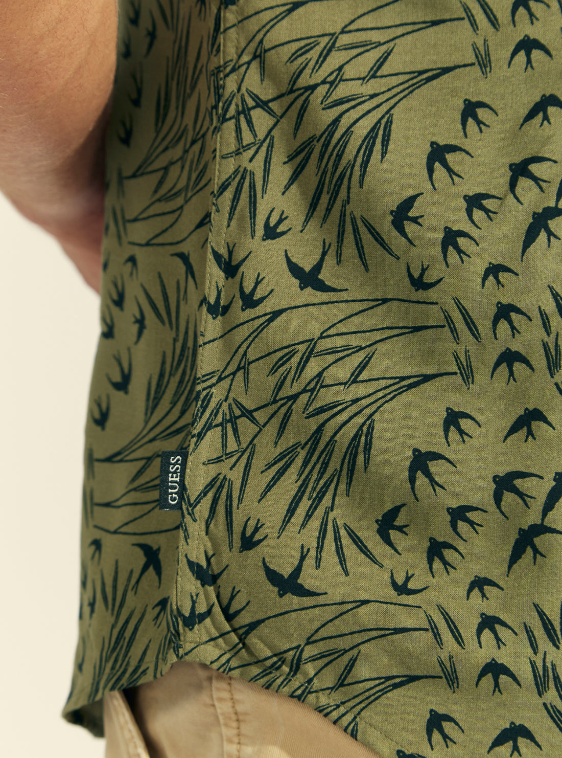 GUESS Mens Eco Olive Rayon Bird Foliage Shirt M1BH10WD4Z1 Detail View