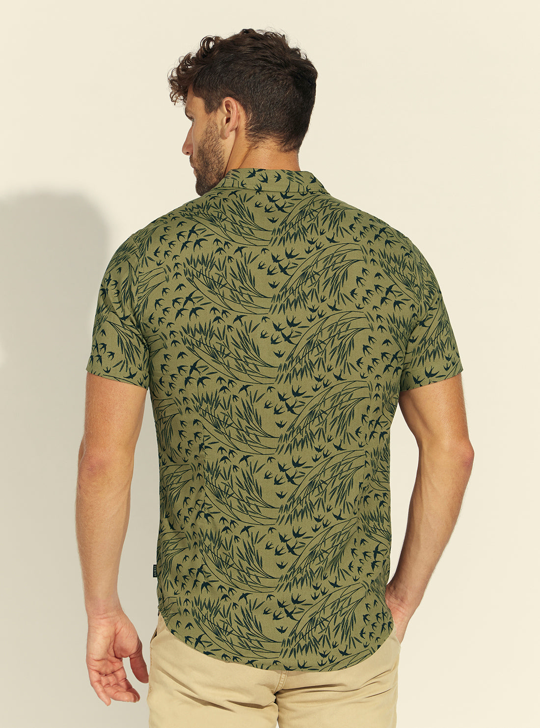 GUESS Mens Eco Olive Rayon Bird Foliage Shirt M1BH10WD4Z1 Back View