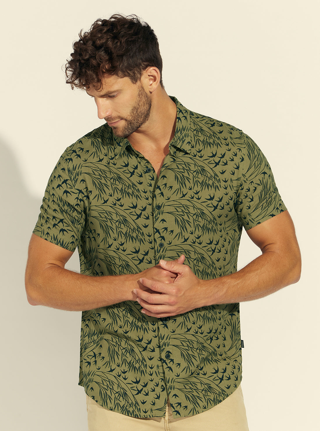 GUESS Mens Eco Olive Rayon Bird Foliage Shirt M1BH10WD4Z1 Model Front View