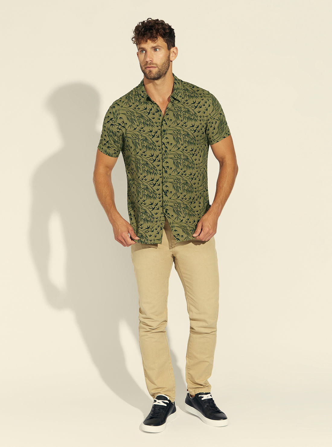 GUESS Mens Eco Olive Rayon Bird Foliage Shirt M1BH10WD4Z1 Full View