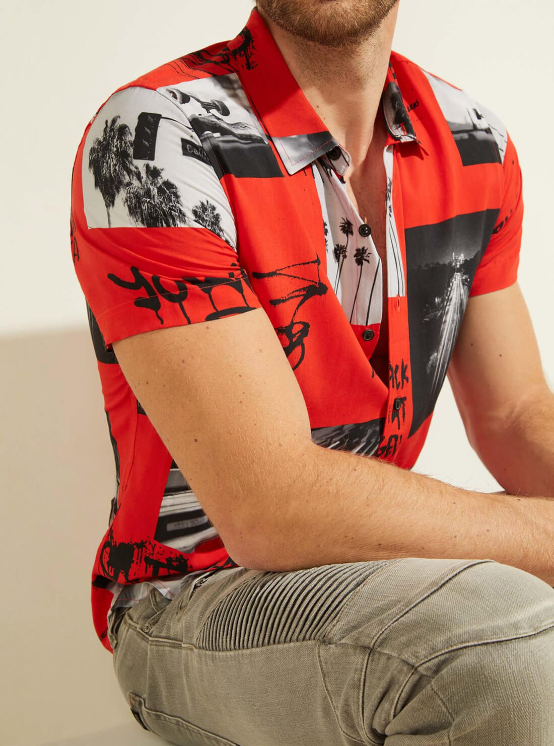 GUESS Mens Eco Red Graphic Rayon Play T-Shirt M1GH35RD4Z Model Detail View
