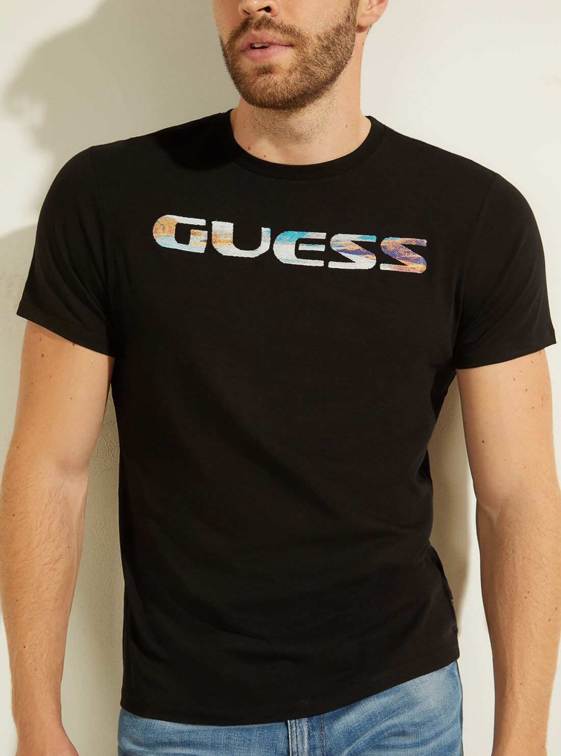 GUESS Mens Eco Black Scenic Logo T-shirt MBGI31R9RM7 Detail View