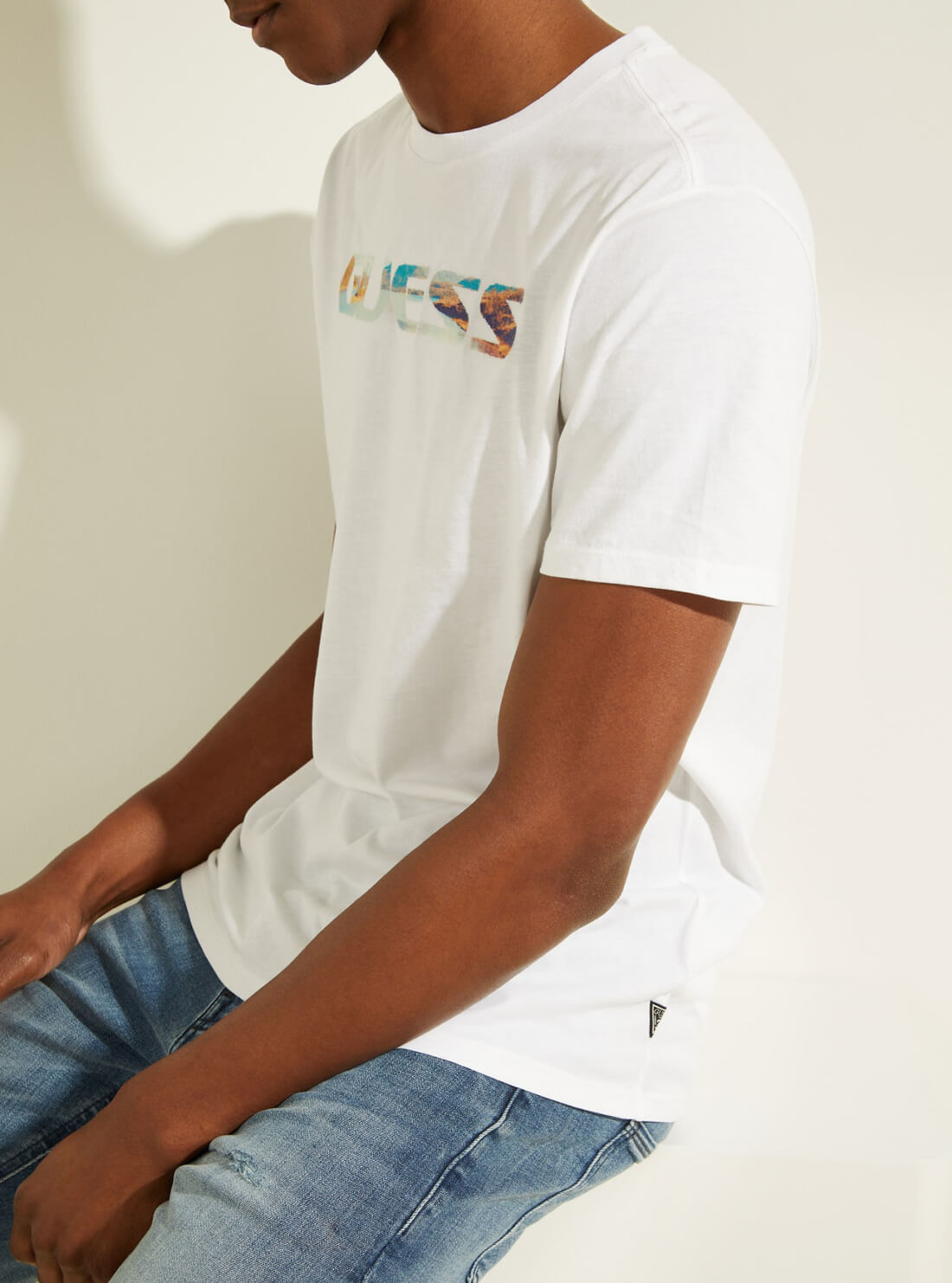 GUESS Mens  Eco White Scenic Logo T-Shirt MBGI31R9RM7 Side View