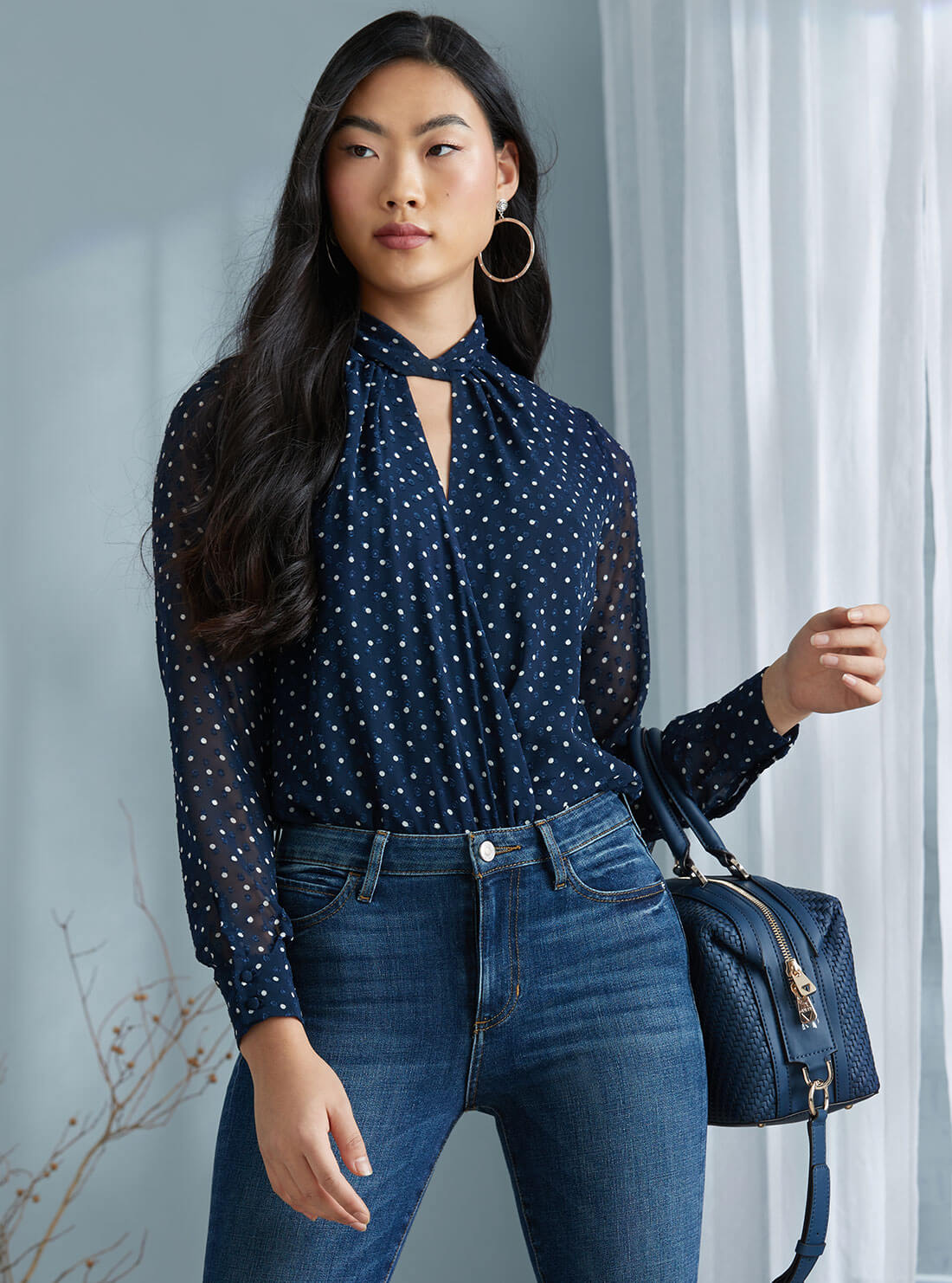 GUESS Womens Eco Blue Polka Dot Secret Leila Top W2RH18WEE82 Lifestyle View