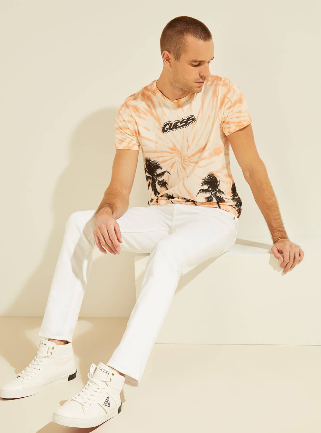 GUESS Mens Eco Orange  Tie-Dye Palms T-Shirt MBGI31R9RM2 Full View