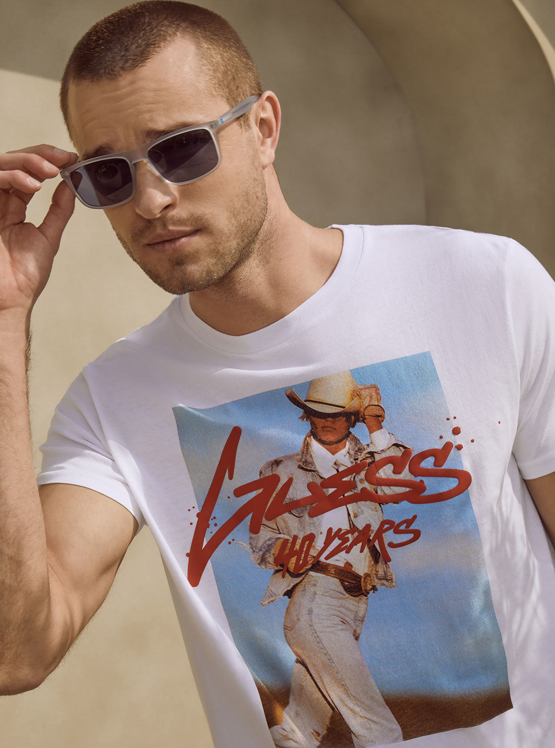 GUESS Mens Eco White Classic Photograph T-Shirt MBGI31R9RM6 Model View