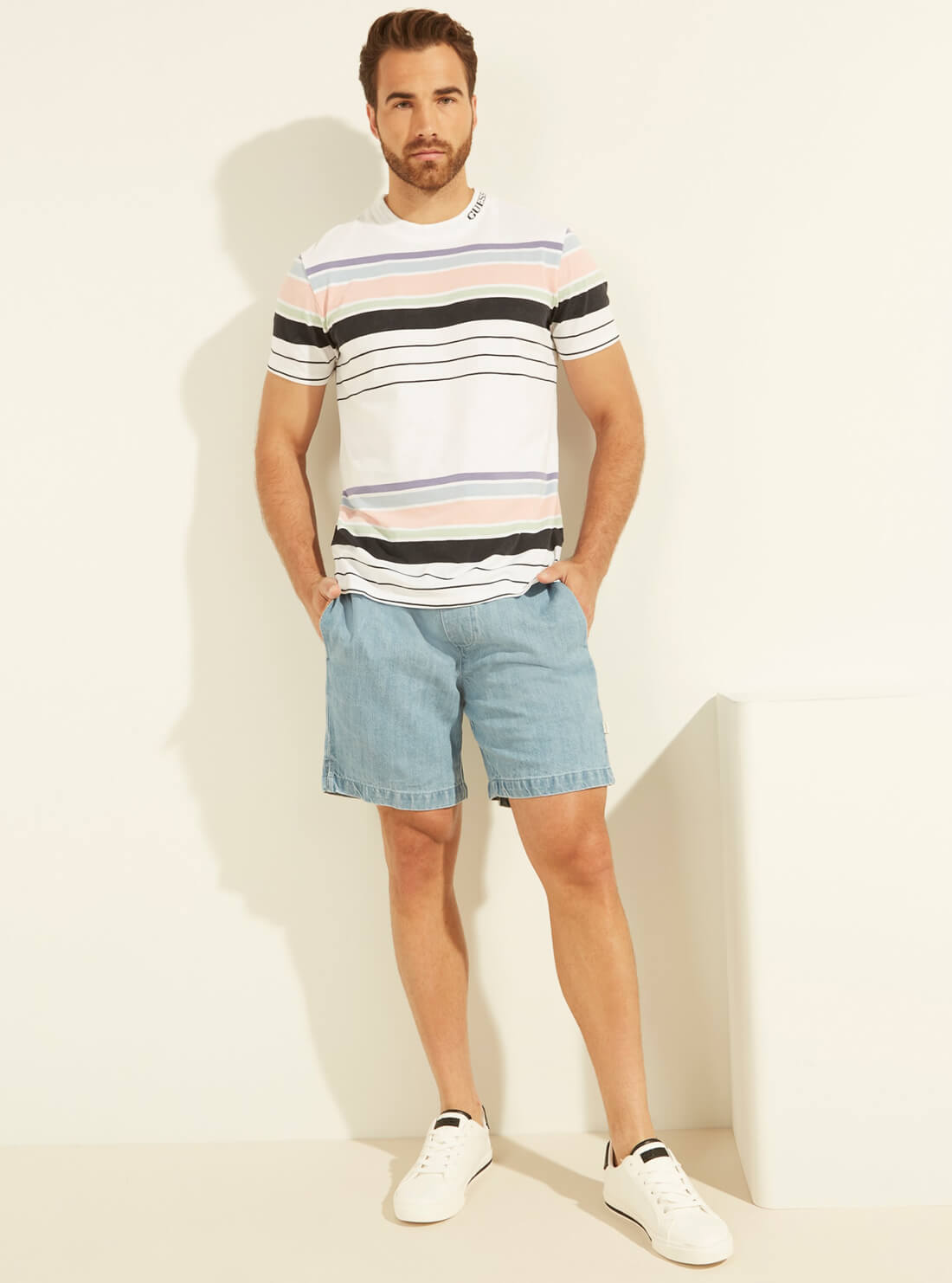 GUESS Mens Pastel Multi Eli Acid Wash Stripe T-Shirt M1YP52RAPJ0 Full View
