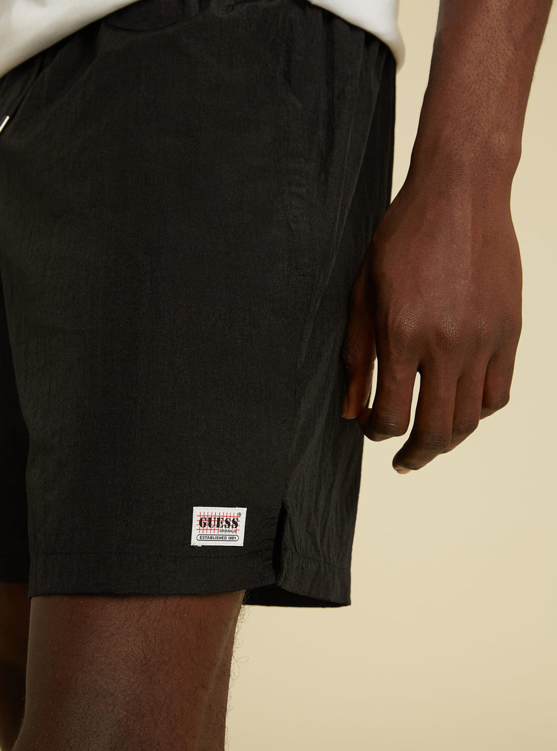 GUESS Mens GUESS Originals Black Kit Nylon Shorts M1GQ00RC481 Detail View