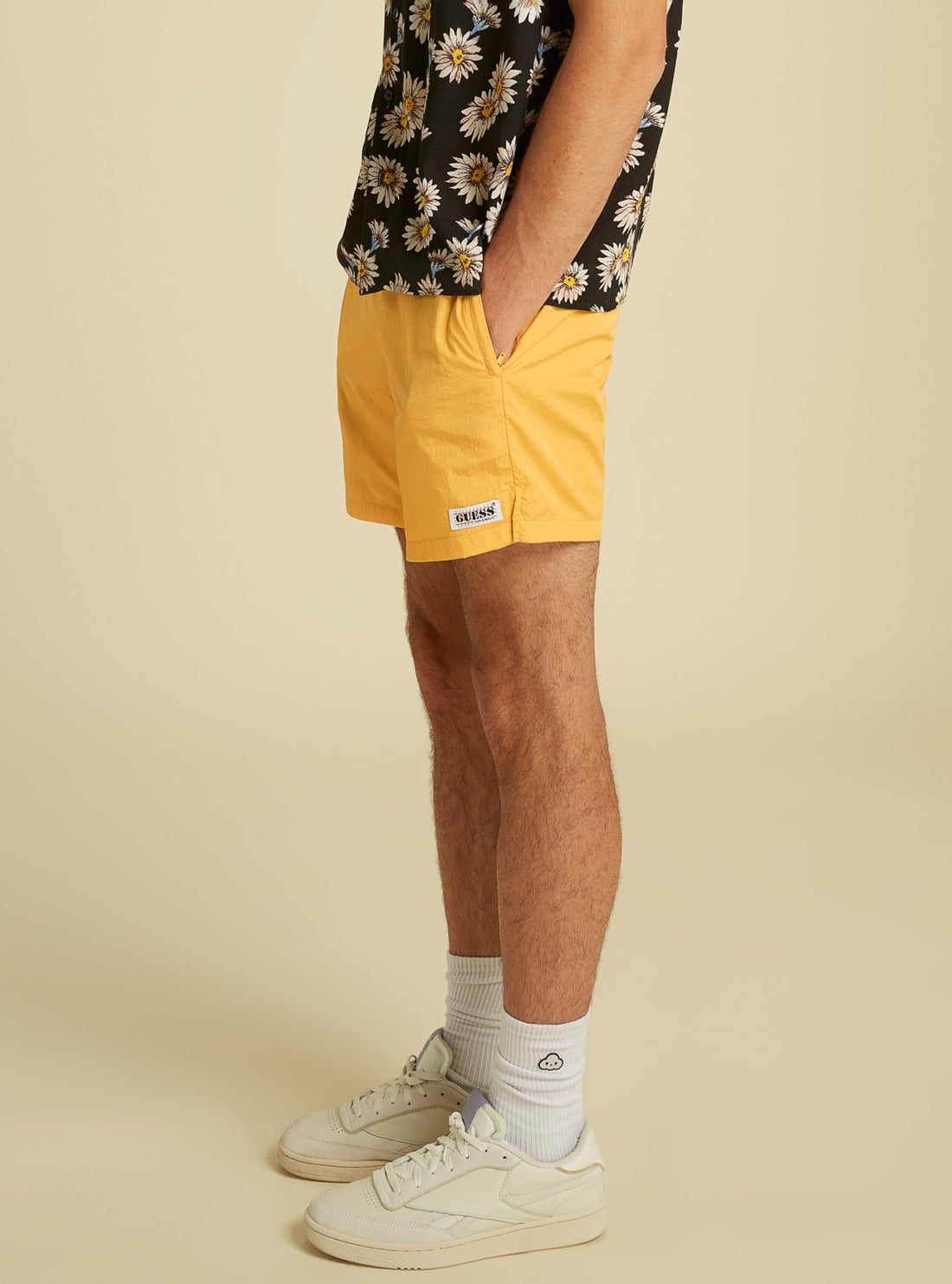 GUESS Mens GUESS Originals Yellow Kit Nylon Shorts M1GQ00RC481 Side View