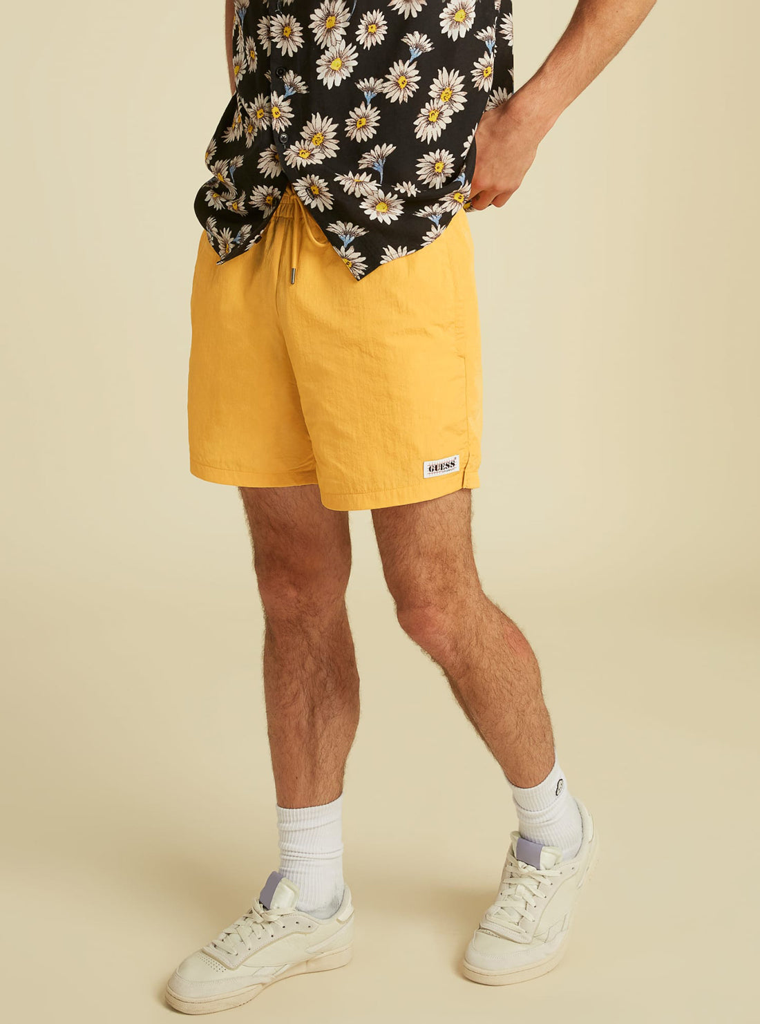 GUESS Mens GUESS Originals Yellow Kit Nylon Shorts M1GQ00RC481 Angle View