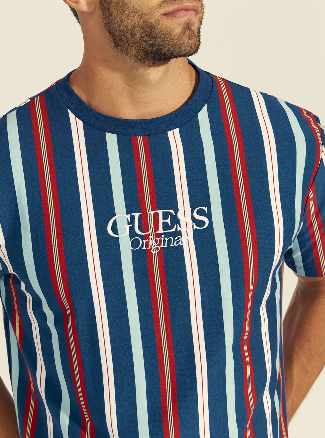 guess GUESS Originals Murren Striped Manor Blue Mens Stripe T-Shirt front detail  view