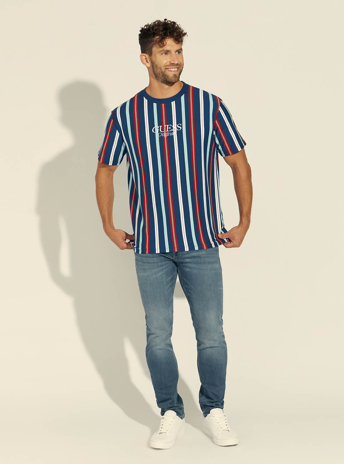 GUESS Mens GUESS Originals Murren Blue Striped T-Shirt M1YI11R9XF6 Full View