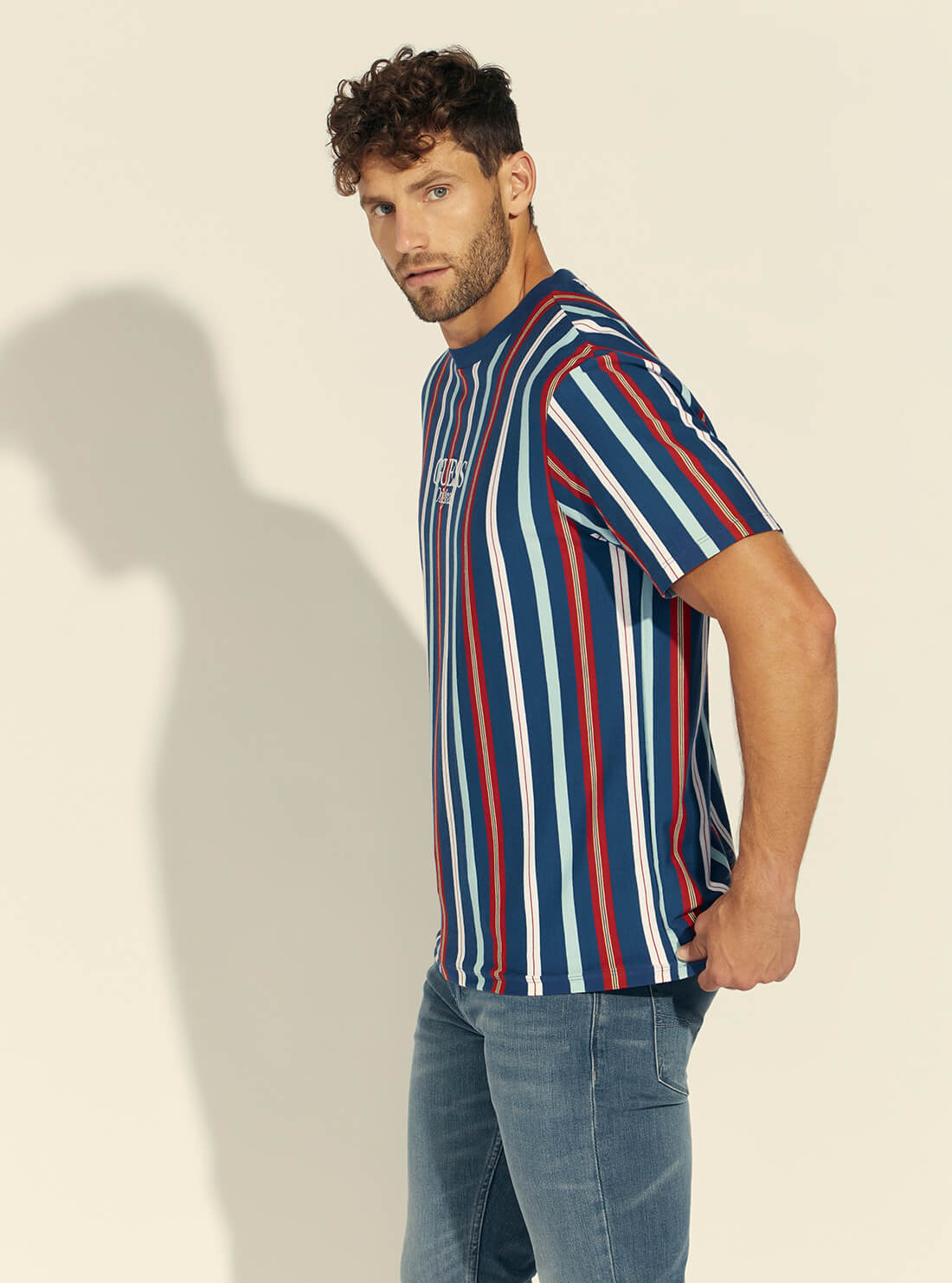 GUESS Mens GUESS Originals Murren Blue Striped T-Shirt M1YI11R9XF6 Side View