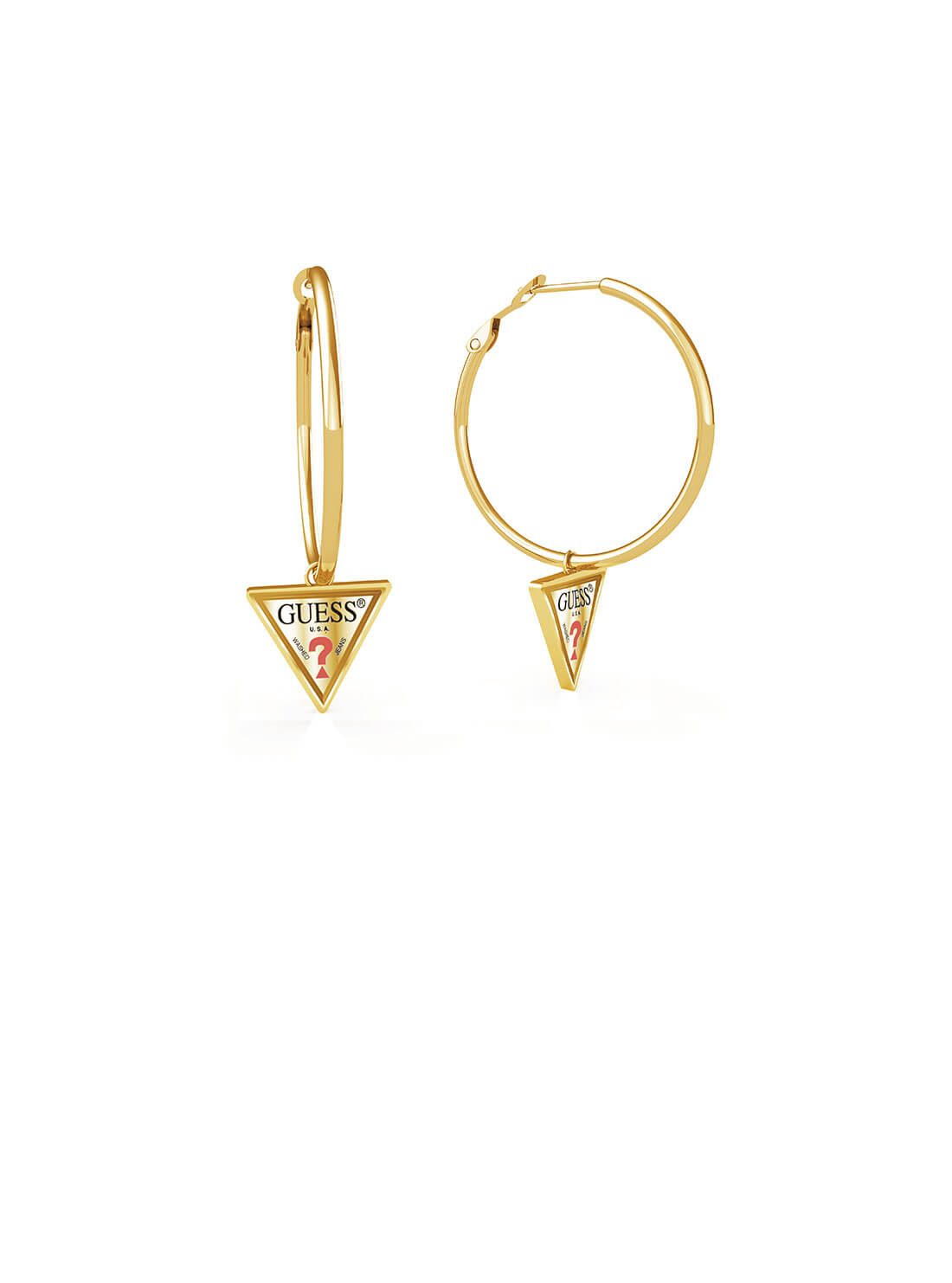 GUESS Womens  Gold Triangle Hoop Earrings UBE79055 Front View