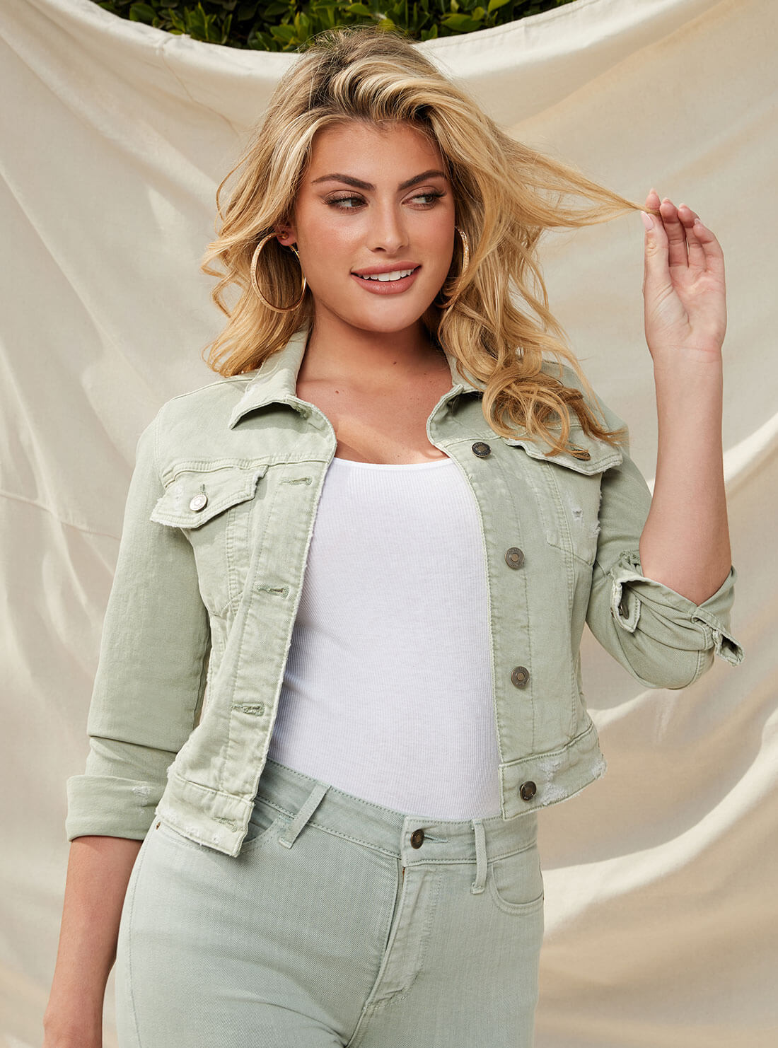 GUESS Womens Stevie Denim Trucker Jacket in Green W1YN00R3DN1 Lifestyle View