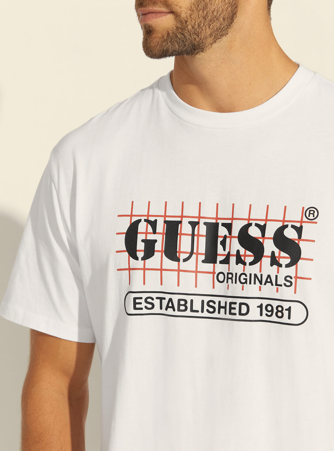 GUESS Mens Guess Originals White Grid Logo T-Shirt M1RI00K9Y40 Detail View