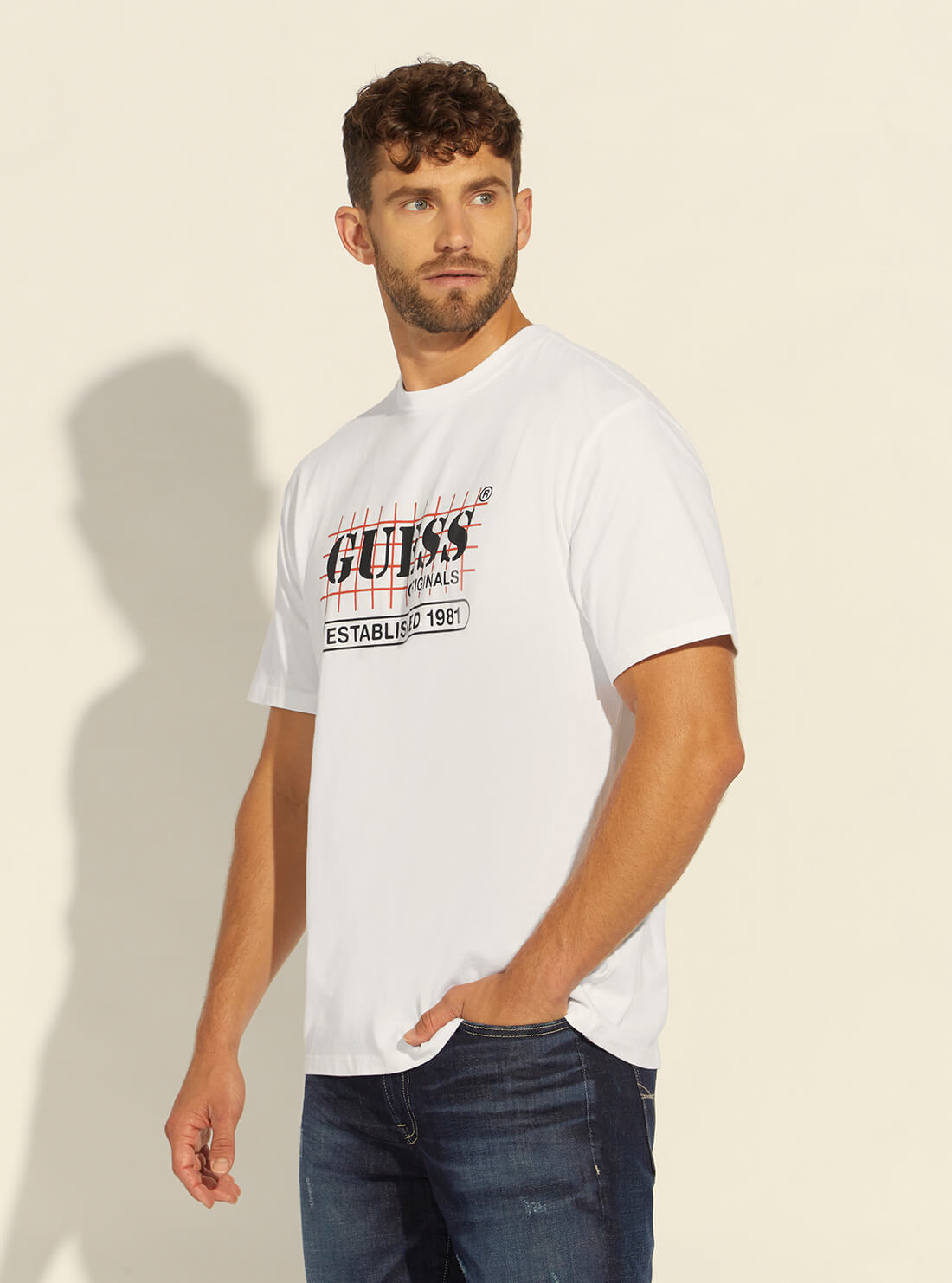 GUESS Mens Guess Originals White Grid Logo T-Shirt M1RI00K9Y40 Side View