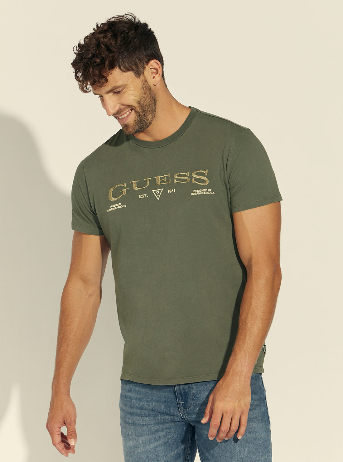 GUESS Mens Khaki Green Vintage T-Shirt MBBI41KARC5 Front View