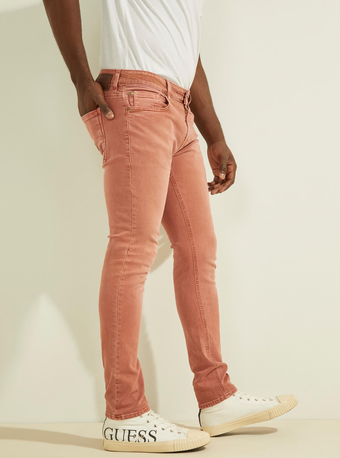 GUESS Low-Rise Dyed Skinny Denim Jeans in Summer Spice Orange M1YAN3R34V0 Side View